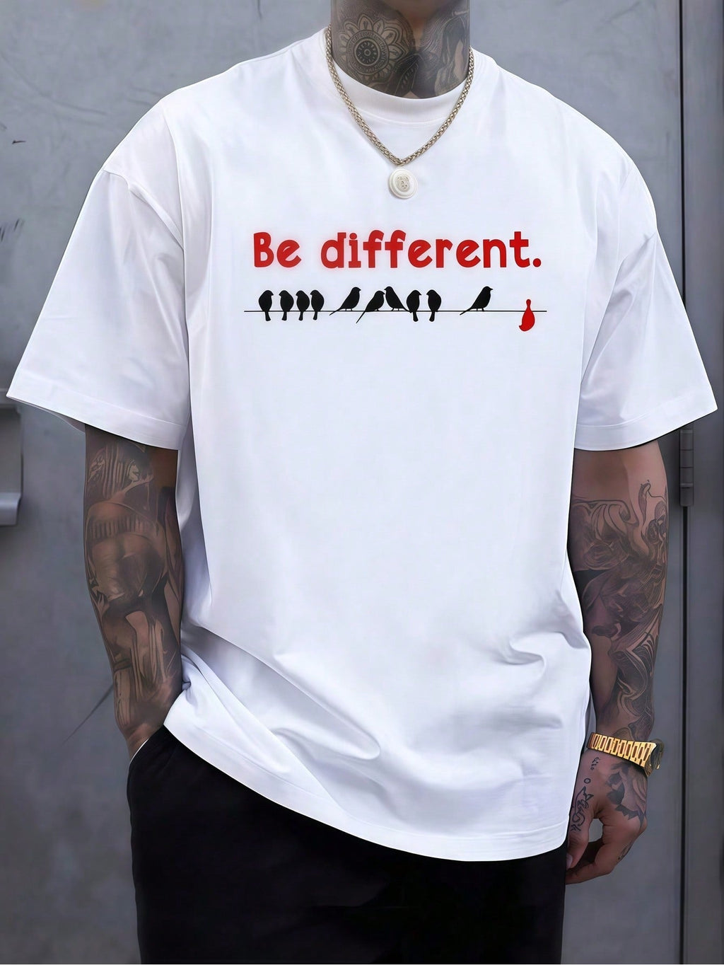 Mens Be Different T Shirt Cute Birds Inspirational Quote Minimalist Graphic Tee Short Sleeve Crew Neck Casual Top for Men