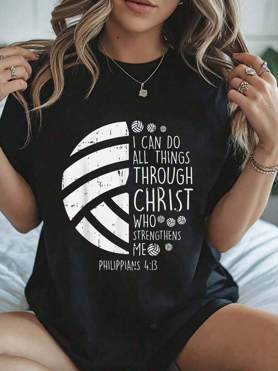 I Can Do Things Bible Verse Volleyball Print Short Sleeve Tee Crew Neck Top