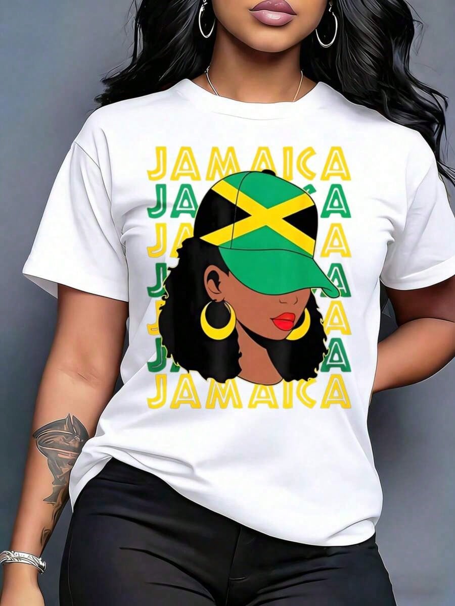 Jamaica Flag Hat Print Tee Cultural Pride Celebration Crew Neck Casual Top