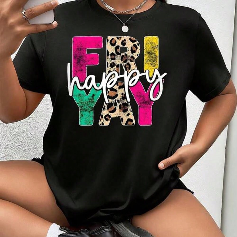 Happy Friyay Graphic Crew Neck Tee Teacher Fashion Short Sleeve Top