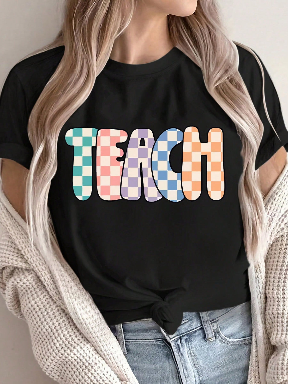 Colorful TEACH Letter Print Short Sleeve Tee Spring Summer Crew Neck Top