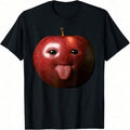AI Apple Tongue Out Gen Z Meme Print Tee Brainrot Humor Crew Neck Casual Top