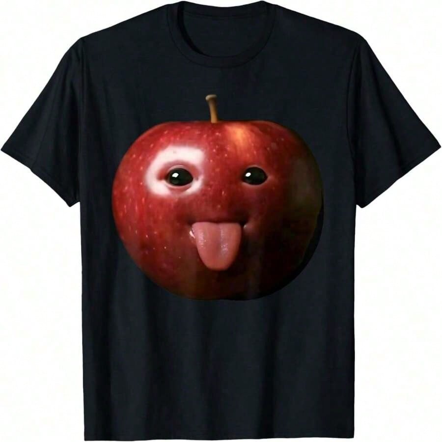 AI Apple Tongue Out Gen Z Meme Print Tee Brainrot Humor Crew Neck Casual Top