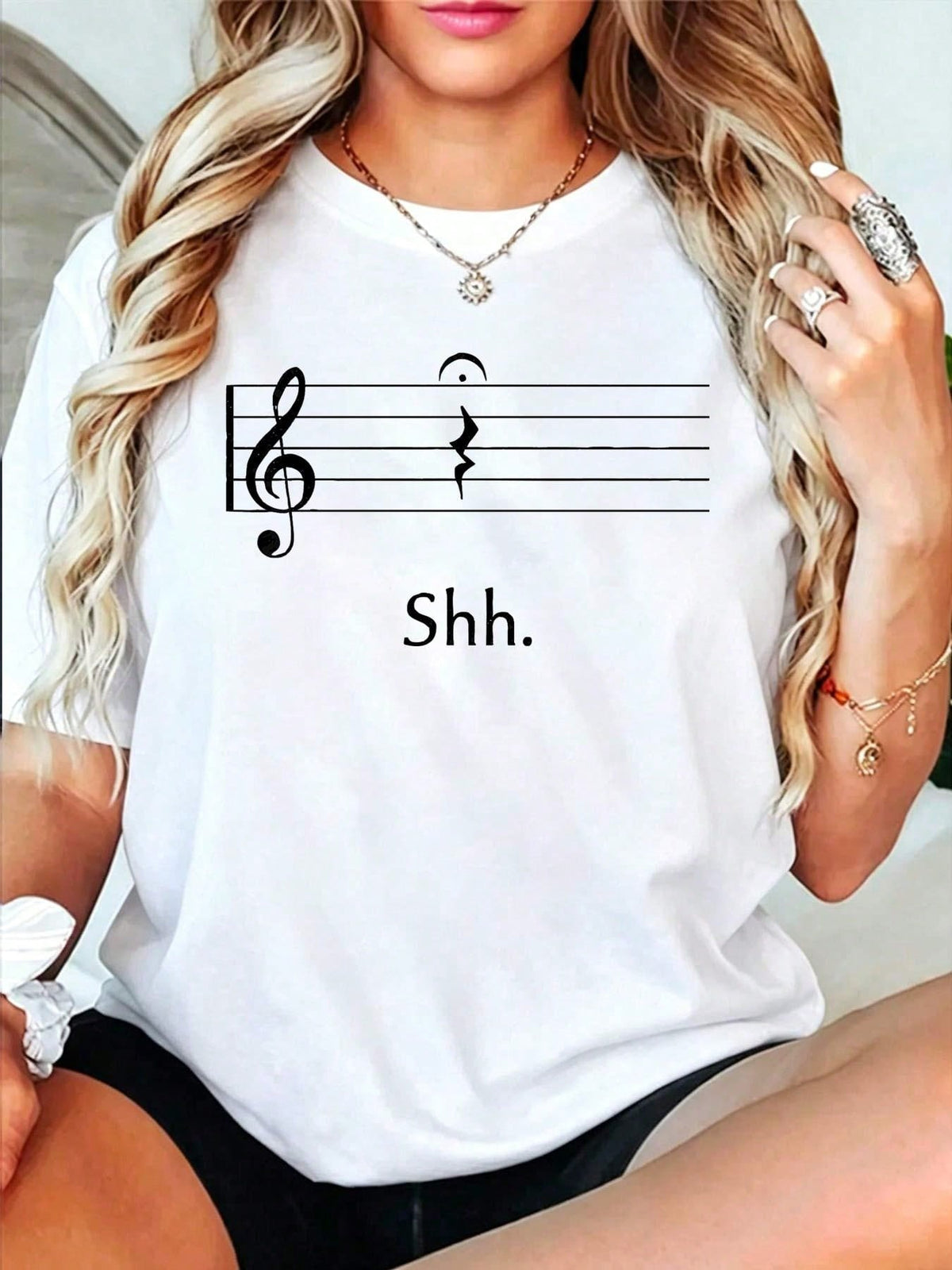Shh Quarter Rest Fermata Print Cotton Tee Funny Music Crew Neck Short Sleeve Top