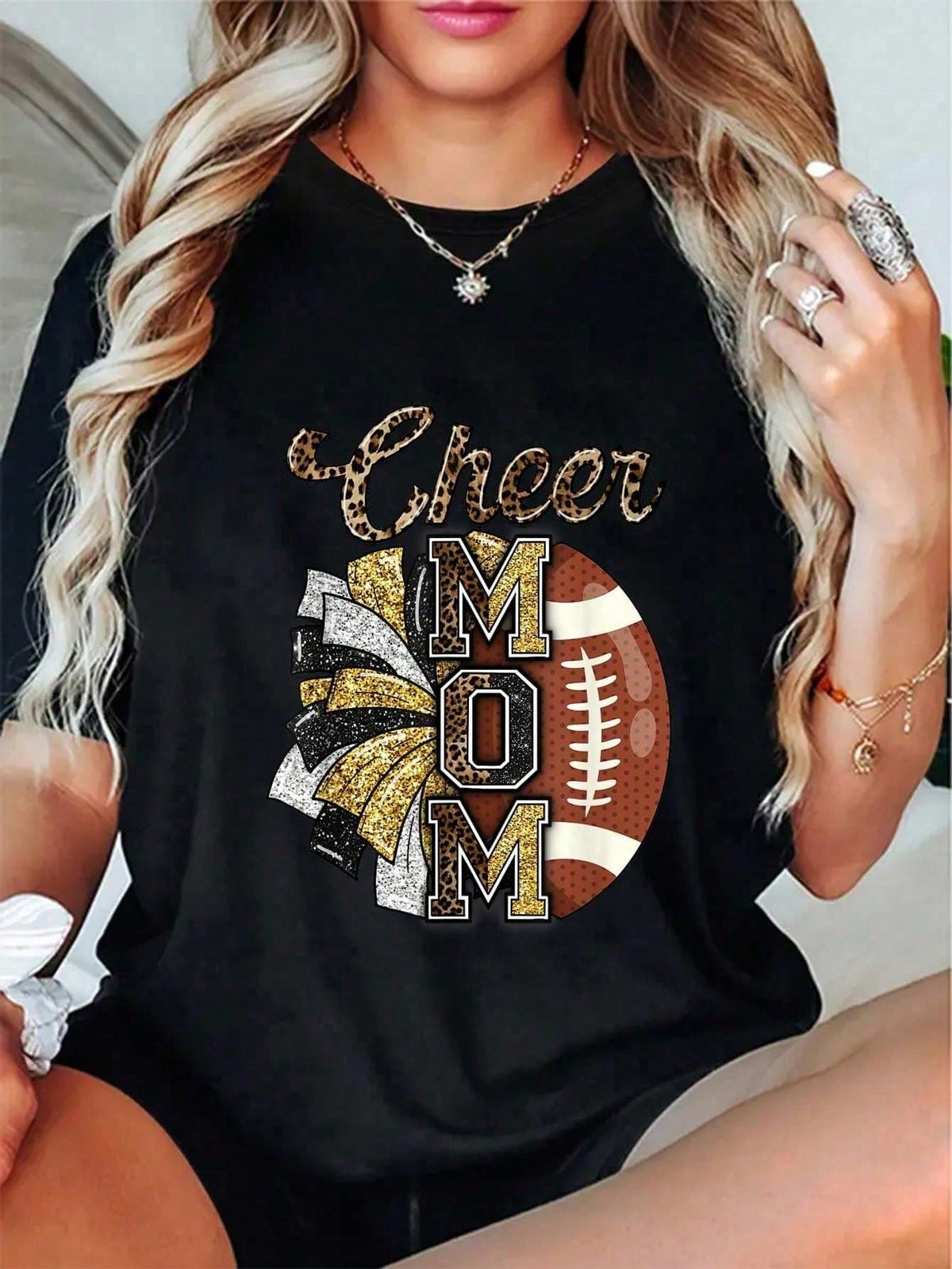 Football Cheer Mom Gold Black Leopard Print Cotton Short Sleeve Tee Crew Neck Top