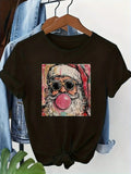 Santa Claus Sunglasses Bubble Gum Print Black Short Sleeve Tee Street Crew Neck Top