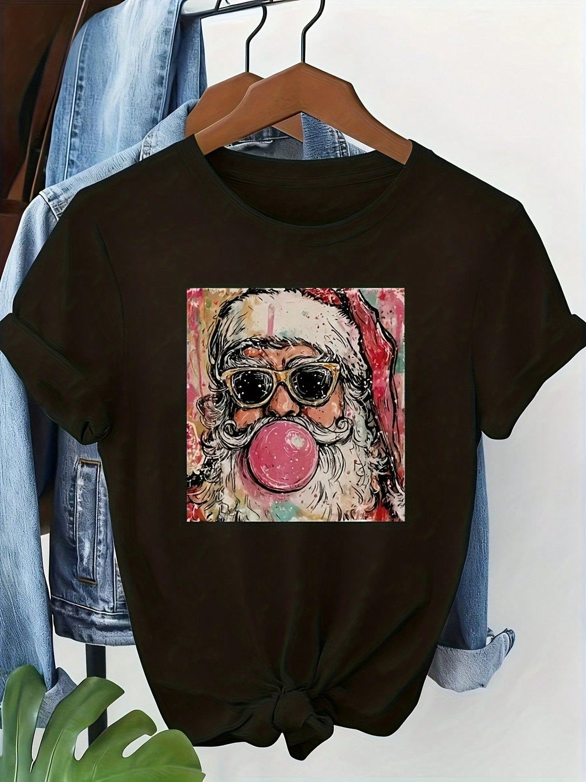Santa Claus Sunglasses Bubble Gum Print Black Short Sleeve Tee Street Crew Neck Top