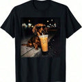 Funny Dachshund Drinking Iced Coffee Print Tee Cute Dog Meme Humor Crew Neck Top