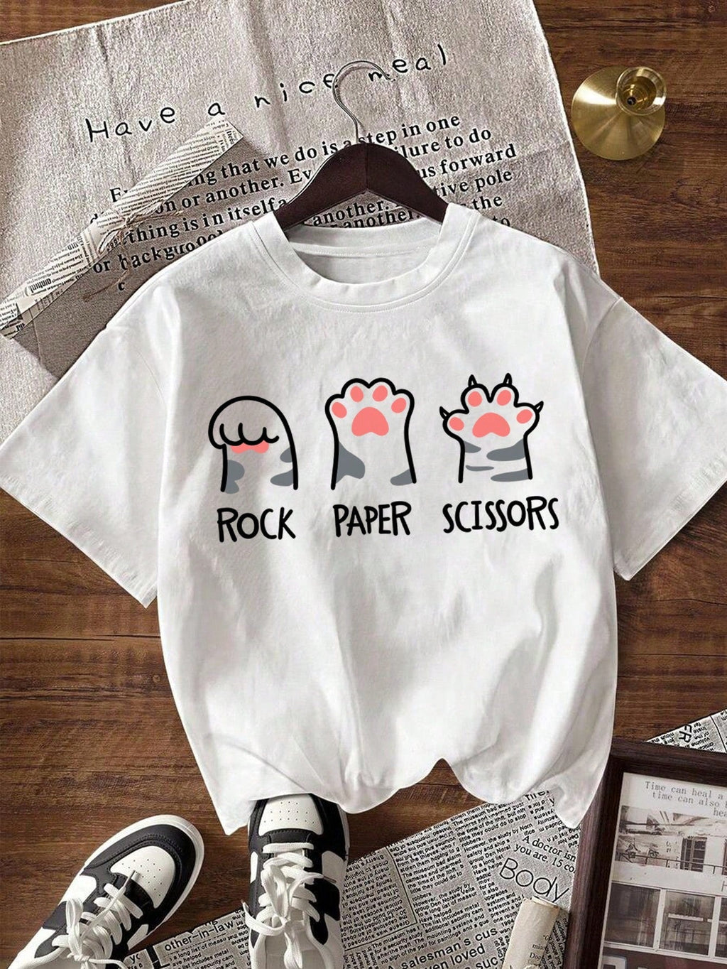 Women Cartoon Cat Paw Print Round Neck T-Shirt, Soft & Comfortable Casual Top