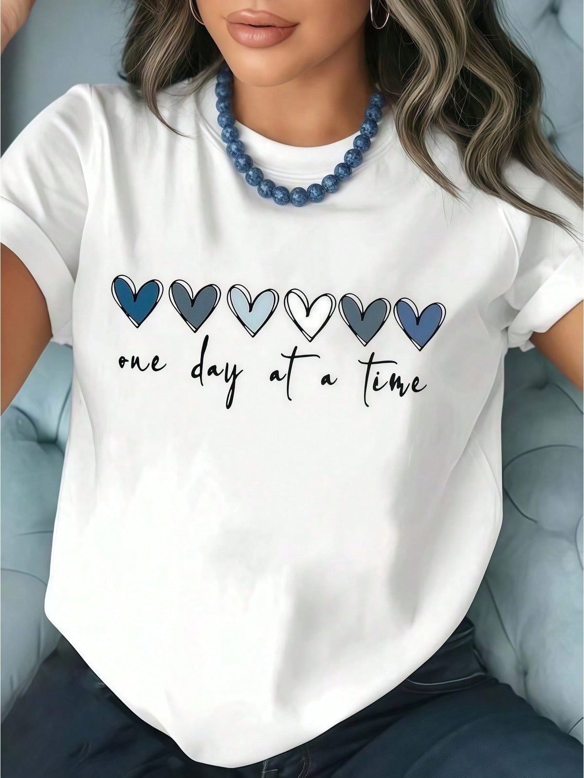 Womens One Day at a Time T Shirt Cute Blue Heart Inspirational Minimalist Graphic Tee Short Sleeve Crew Neck Casual Top for Ladies