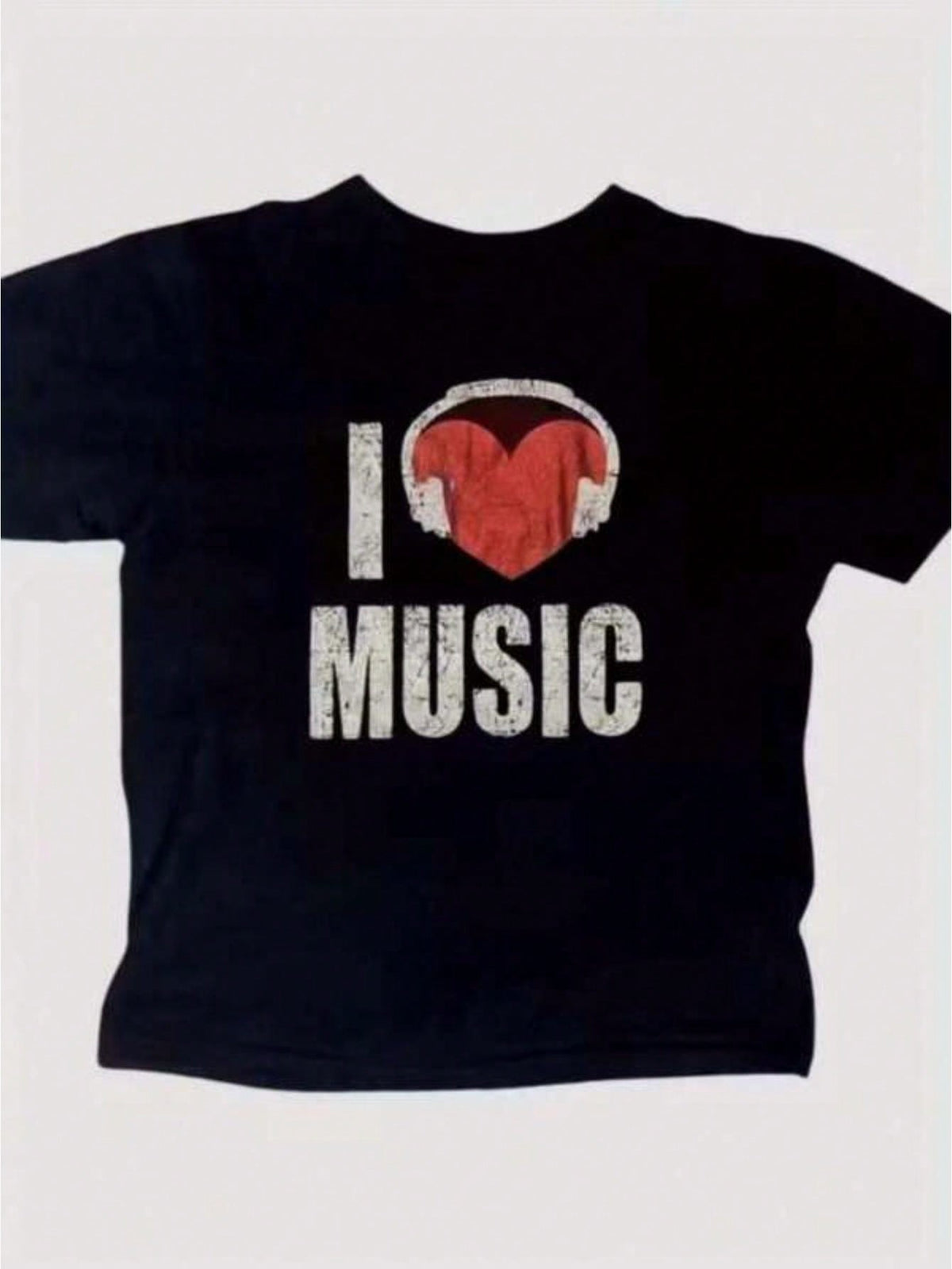Music Headphone Heart Print Tee Oversized Breathable Crew Neck Short Sleeve Top