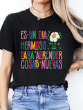 Womens Es un Dia Hermoso T Shirt Spanish Bilingual Teacher Cute Flower Graphic Tee Short Sleeve Crew Neck Back to School Top Gift
