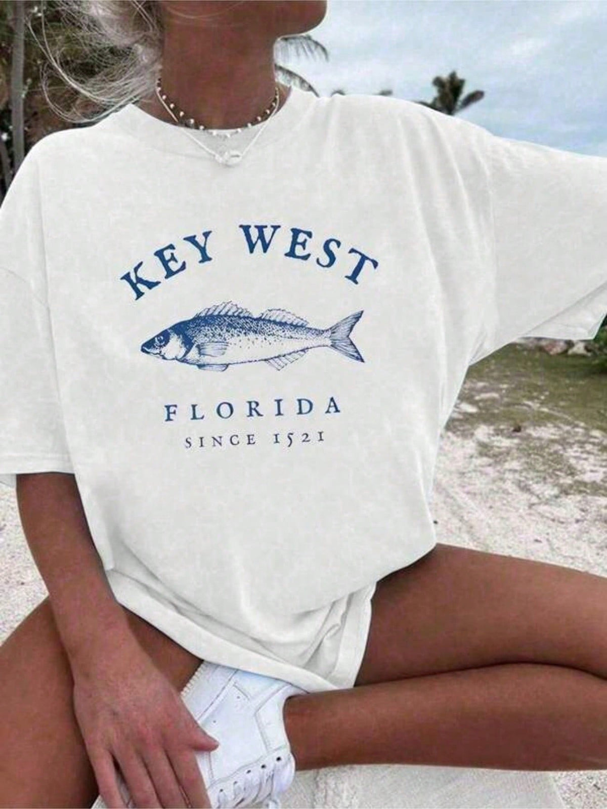 Women's Casual T-Shirt With Retro Fishing Print Pattern, Summer 100% Cotton Fish Print Round Neck Shorts