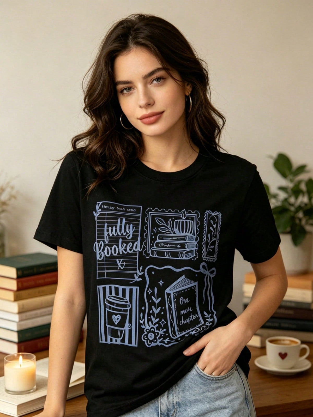 Womens Book Lover T Shirt Fully Booked One More Chapter Library Bookish Graphic Tee Short Sleeve Crew Neck Casual Fall Top Gift for Readers