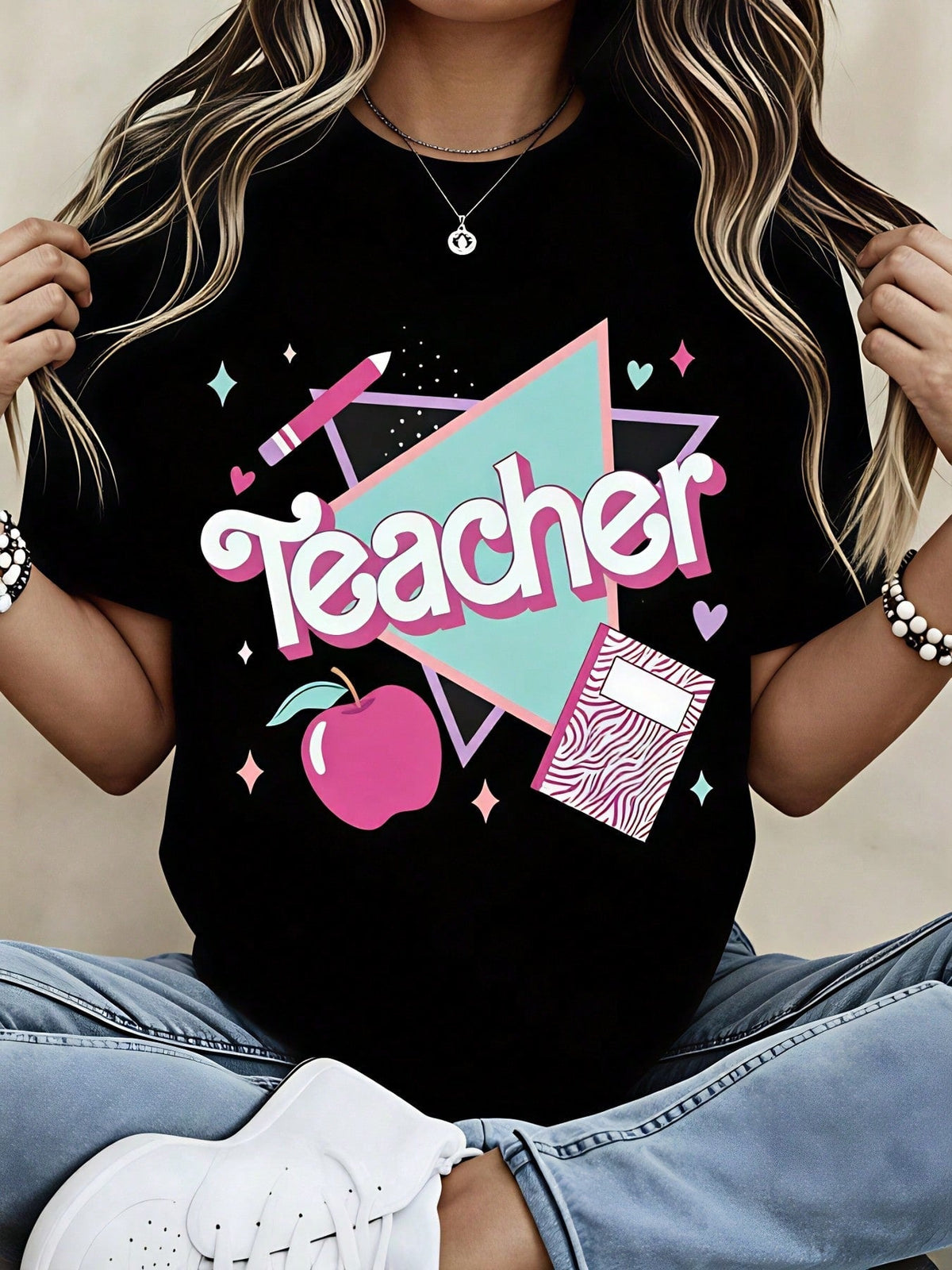 Teacher Apple Notebook Print Cotton Short Sleeve Tee Back To School Casual Top
