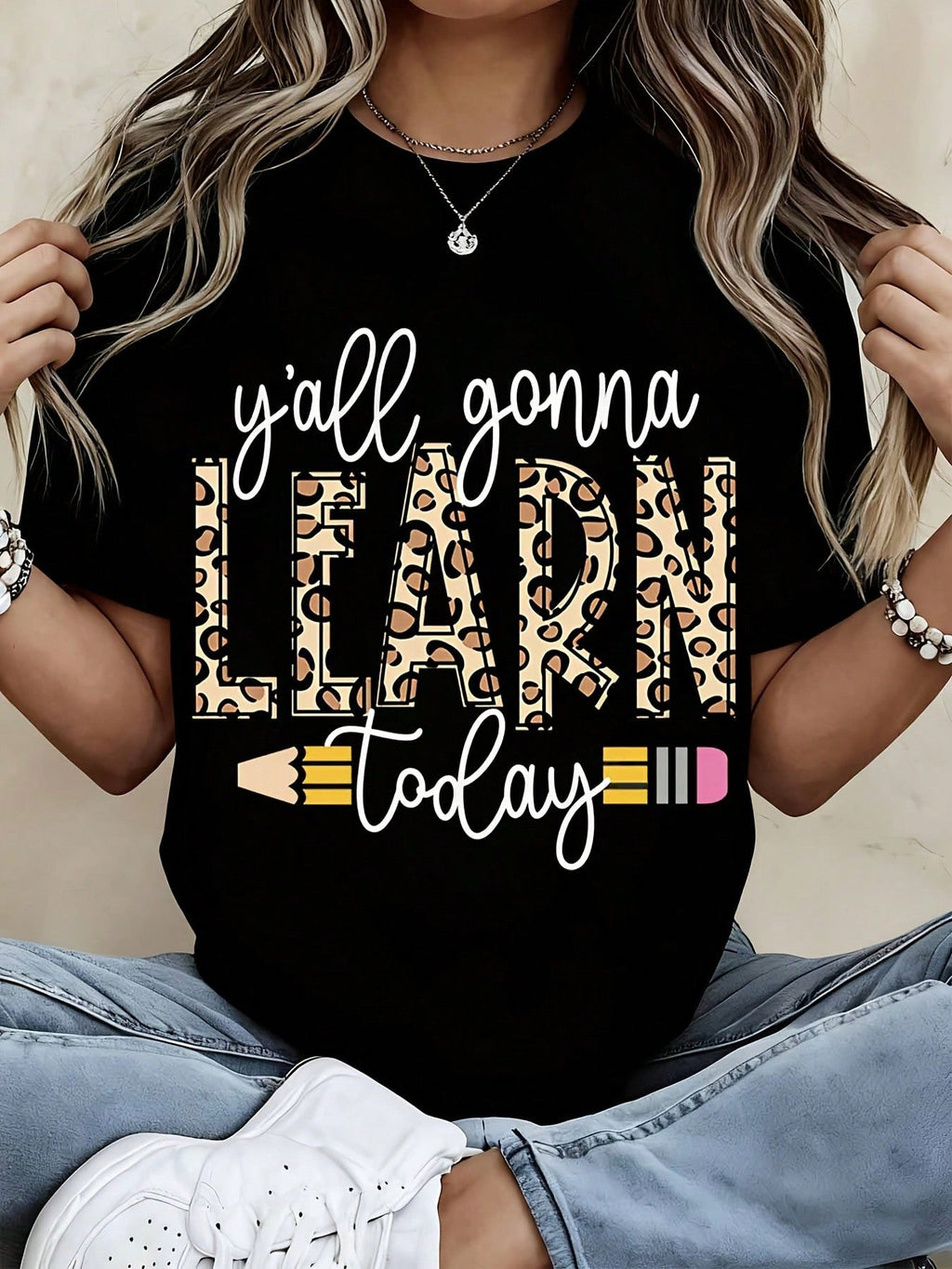 Y'all Gonna Learn Today Leopard Pencil Graphic T-Shirt, Funny Teacher Short Sleeve Tee for Women