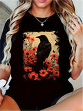 Womens Raven Crow T Shirt Poppy Floral Gothic Dark Academia Graphic Tee Short Sleeve Crew Neck Fall Casual Top for Ladies