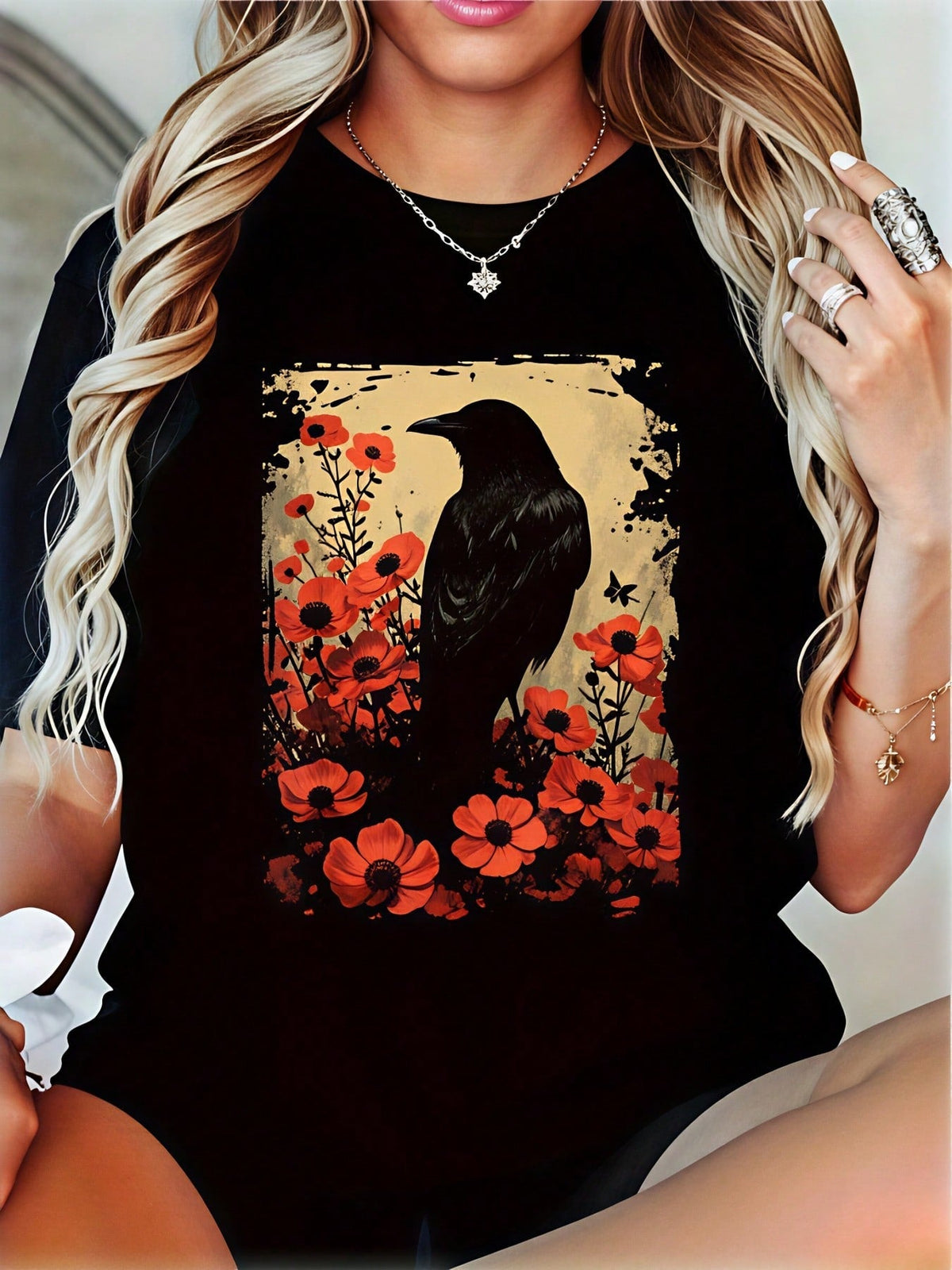 Womens Raven Crow T Shirt Poppy Floral Gothic Dark Academia Graphic Tee Short Sleeve Crew Neck Fall Casual Top for Ladies