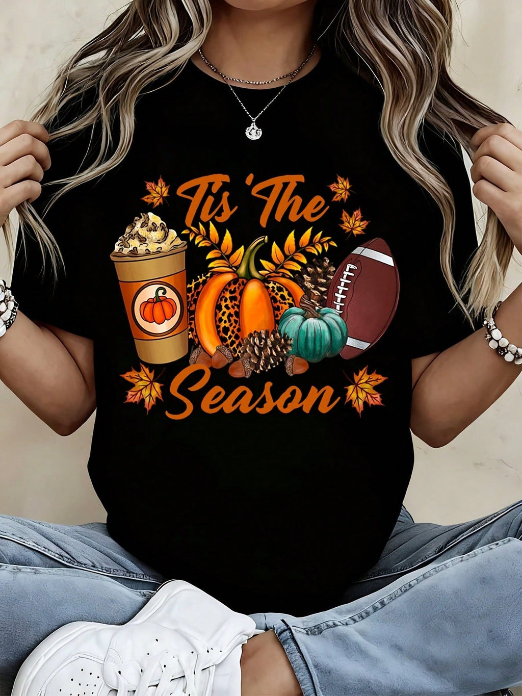 Tis The Season Pumpkin Spice Coffee Football Autumn Fall Harvest Women T Shirt