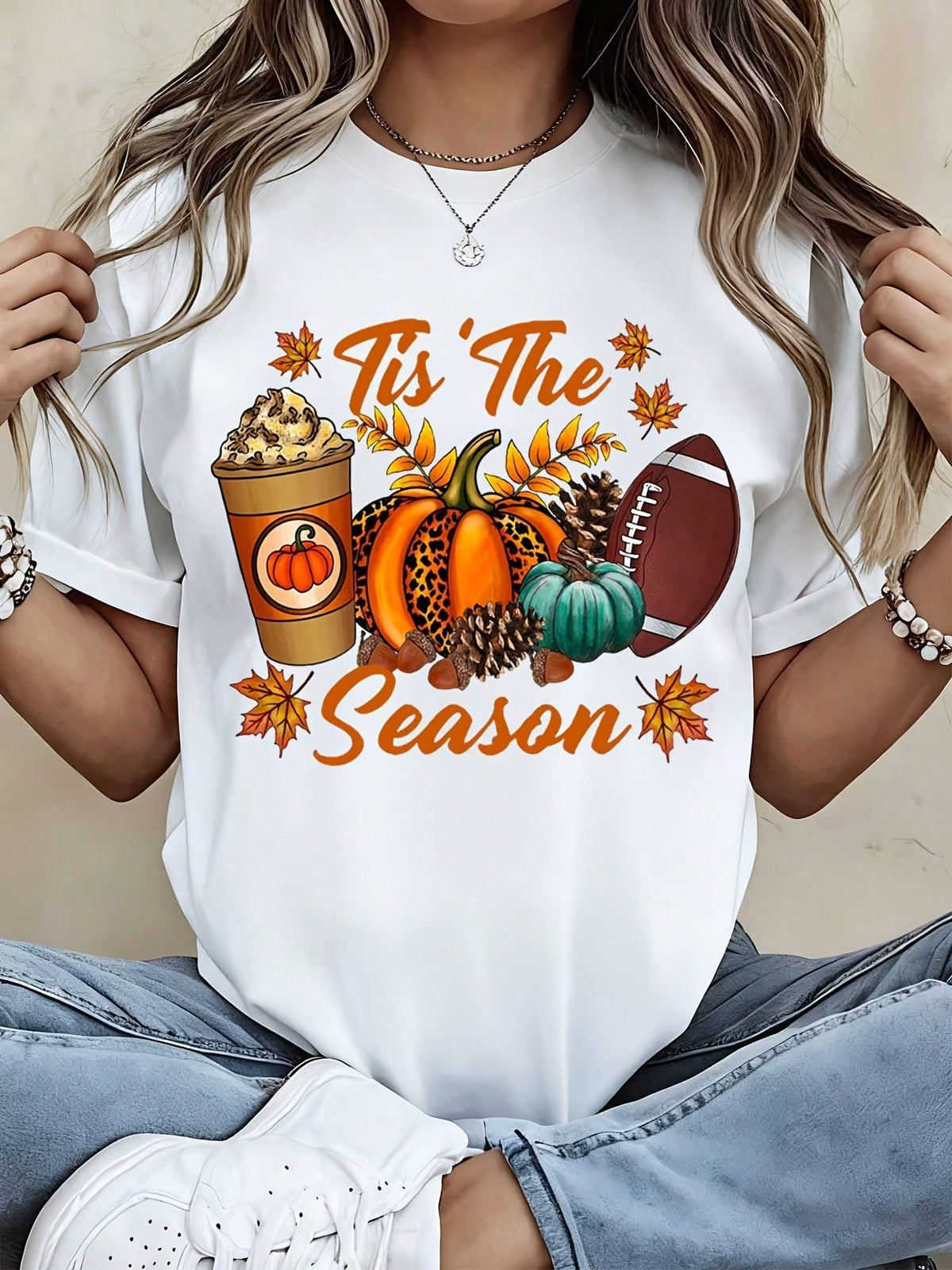 Tis The Season Pumpkin Spice Coffee Football Autumn Fall Harvest Women T Shirt