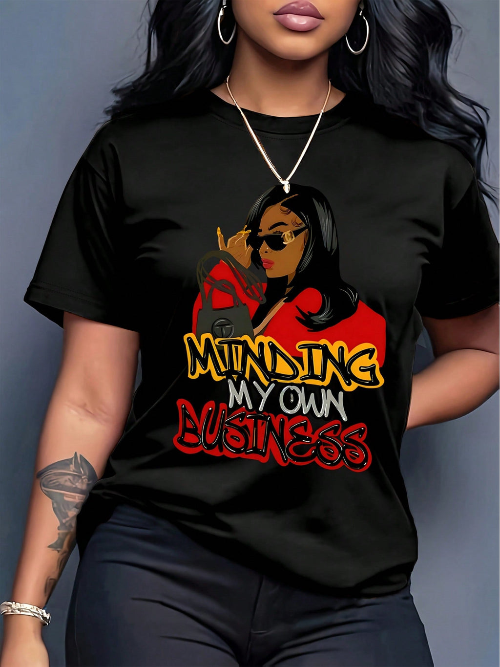 Minding My Own Business Cartoon Print Tee Casual Crew Neck Short Sleeve Top