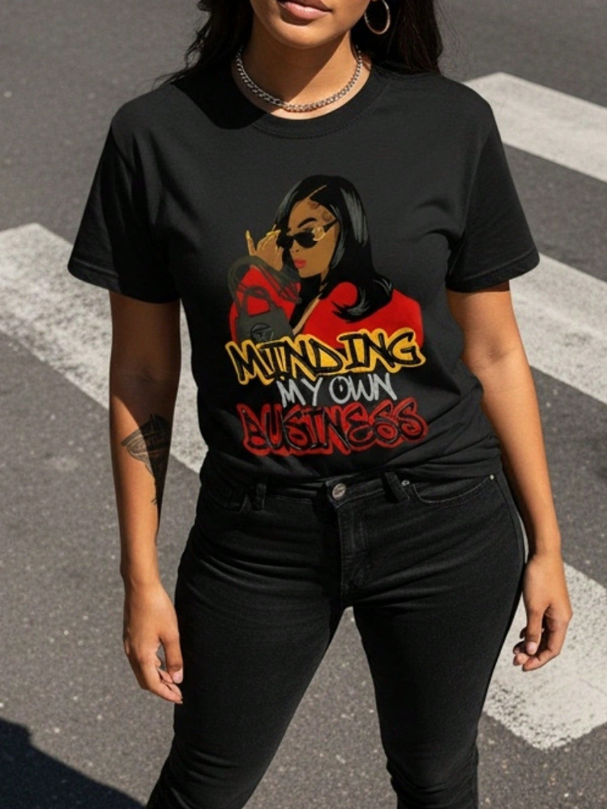 Minding My Own Business Cartoon Print Tee Casual Crew Neck Short Sleeve Top