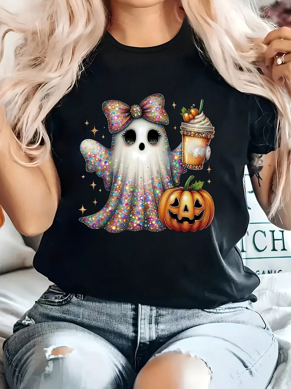 Summer Women Halloween Ghost Pumpkin Bow Jack O Lantern Print Crew Neck Short Sleeve Tee