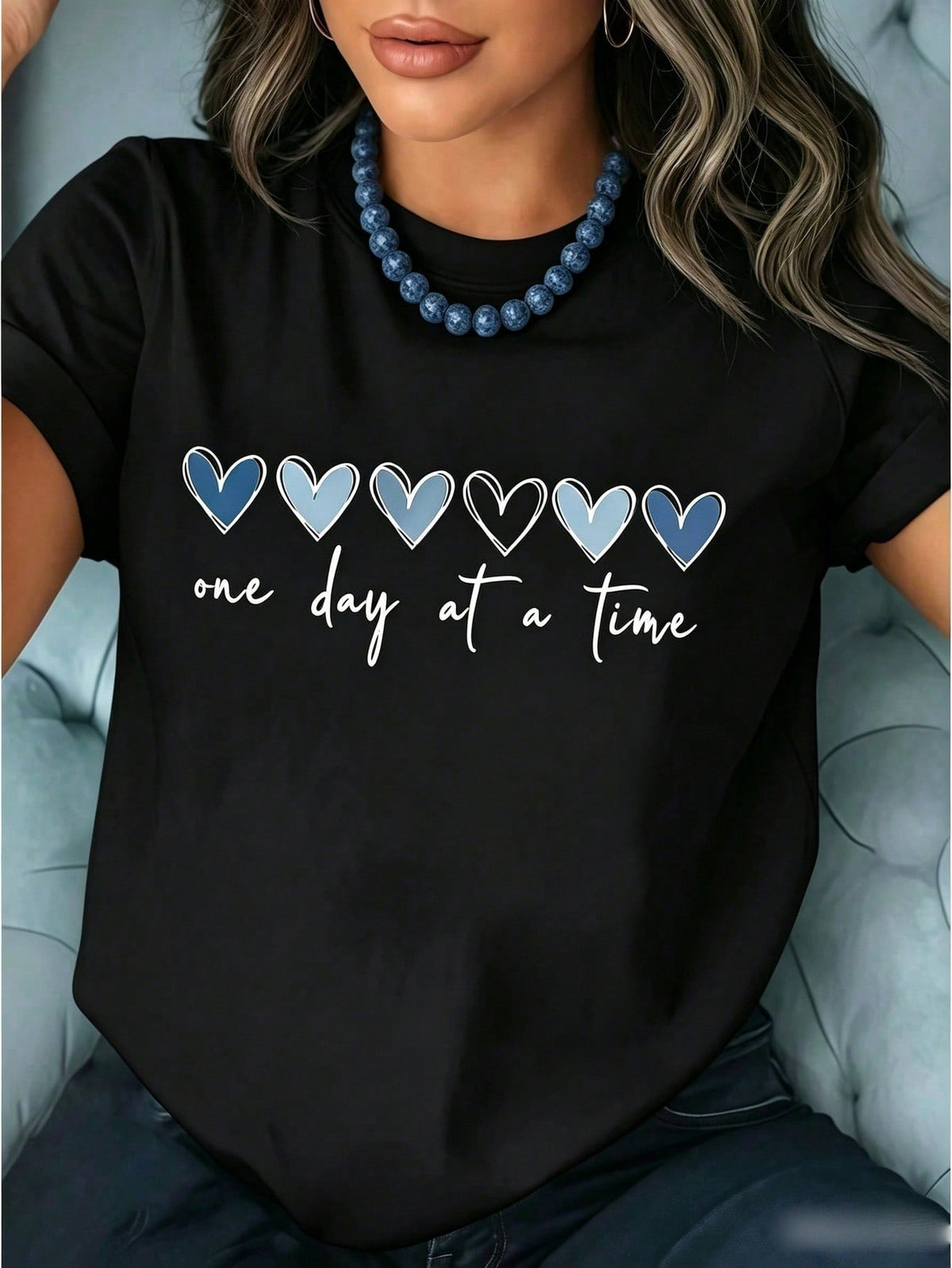 Womens One Day at a Time T Shirt Cute Blue Heart Inspirational Minimalist Graphic Tee Short Sleeve Crew Neck Casual Top for Ladies