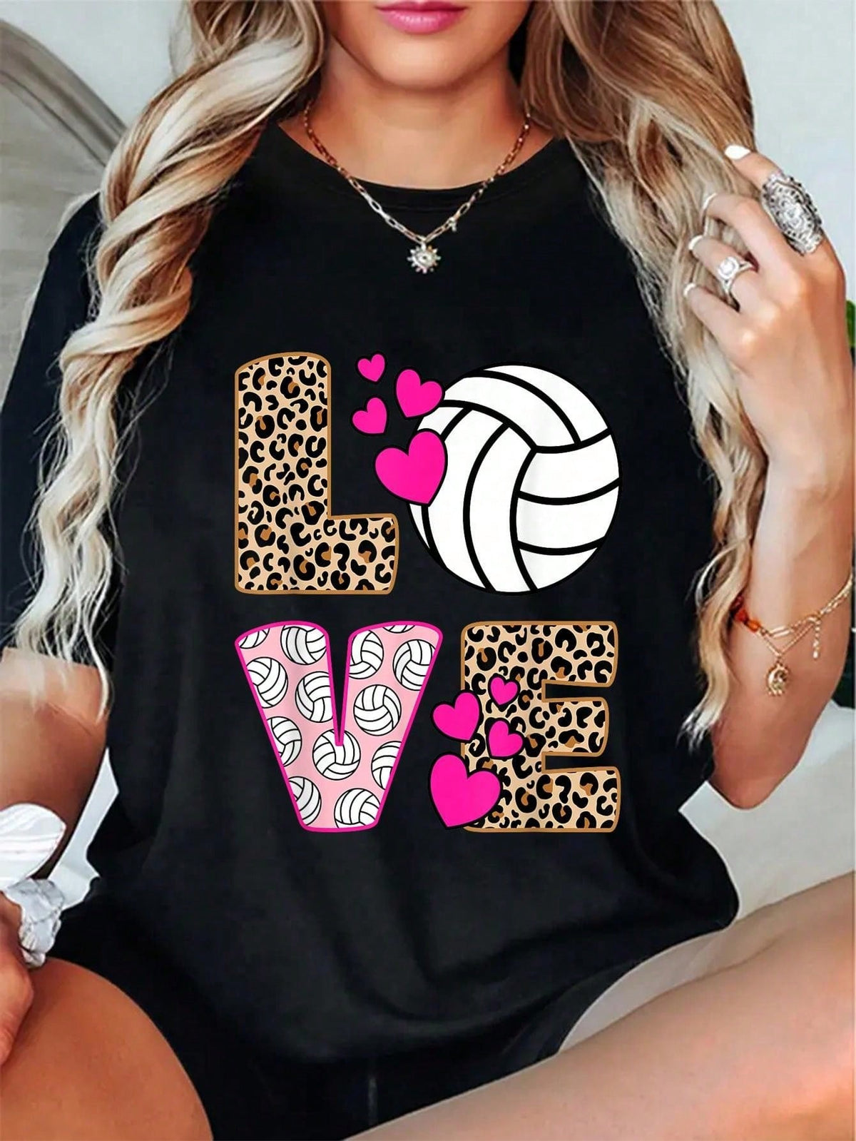 Love Volleyball Leopard Print Oversized Short Sleeve Tee Crew Neck Casual Top