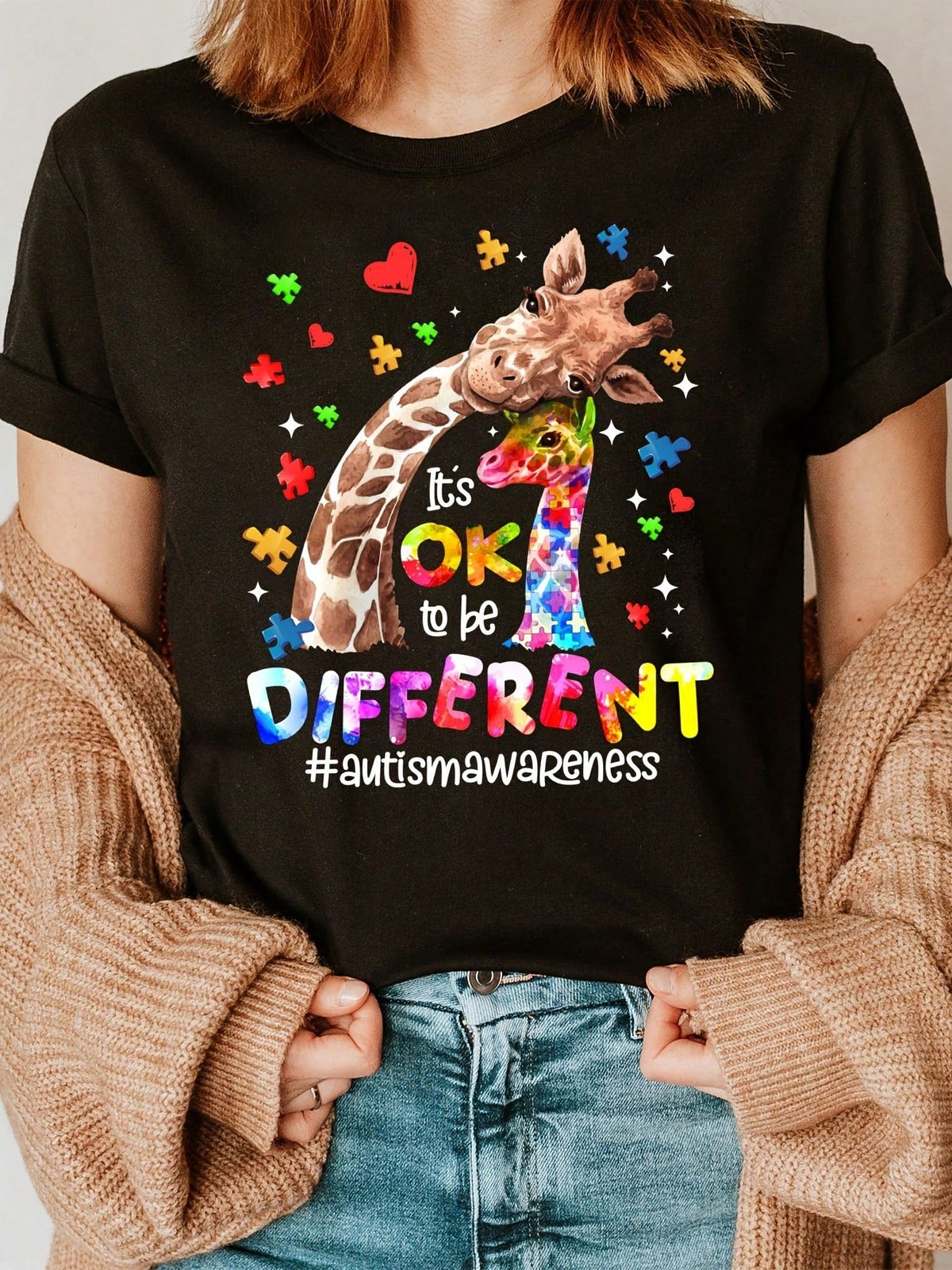 Autism Awareness Giraffe Letter Print Loose Short Sleeve Tee Crew Neck Casual Top