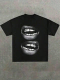 Grill Lips Funny Print Tee Pure Cotton Crew Neck Casual Short Sleeve Top