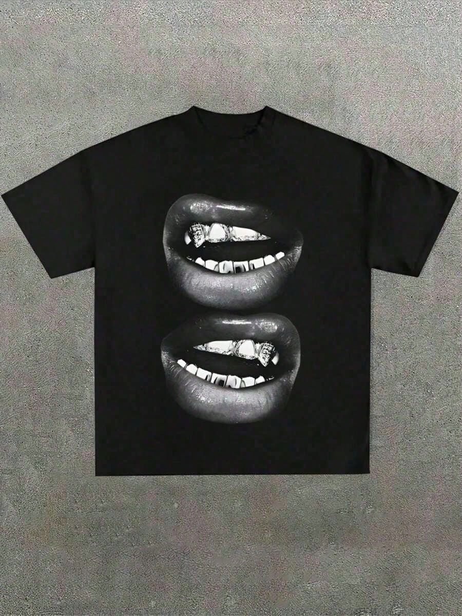 Grill Lips Funny Print Tee Pure Cotton Crew Neck Casual Short Sleeve Top
