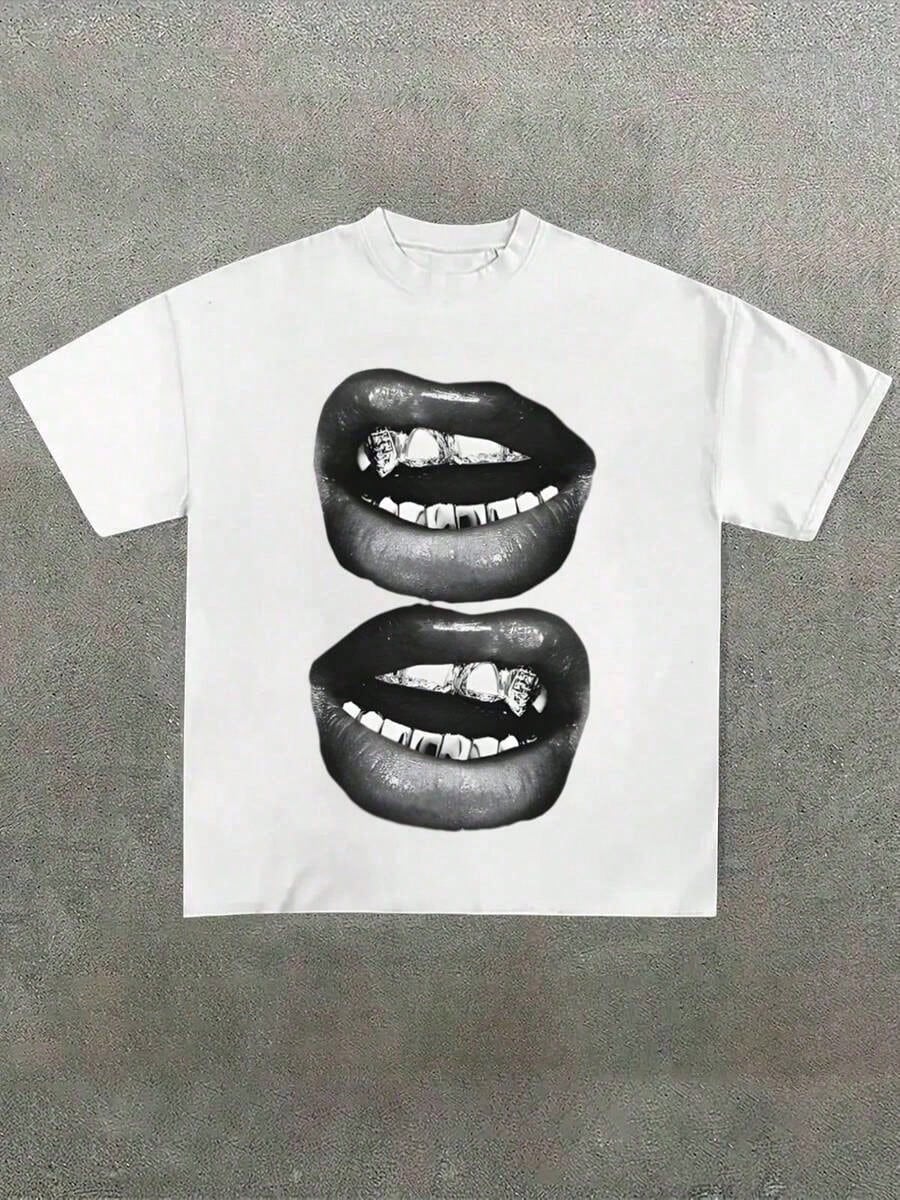 Grill Lips Funny Print Tee Pure Cotton Crew Neck Casual Short Sleeve Top