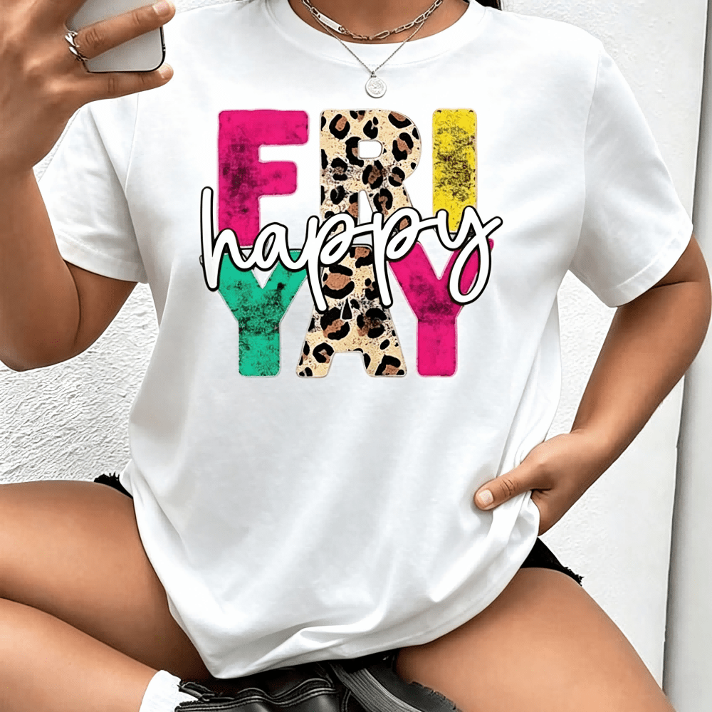 Happy Friyay Graphic Crew Neck Tee Teacher Fashion Short Sleeve Top