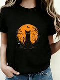 Halloween Black Cat Full Moon Bat Bare Tree Print Short Sleeve Crew Neck Top