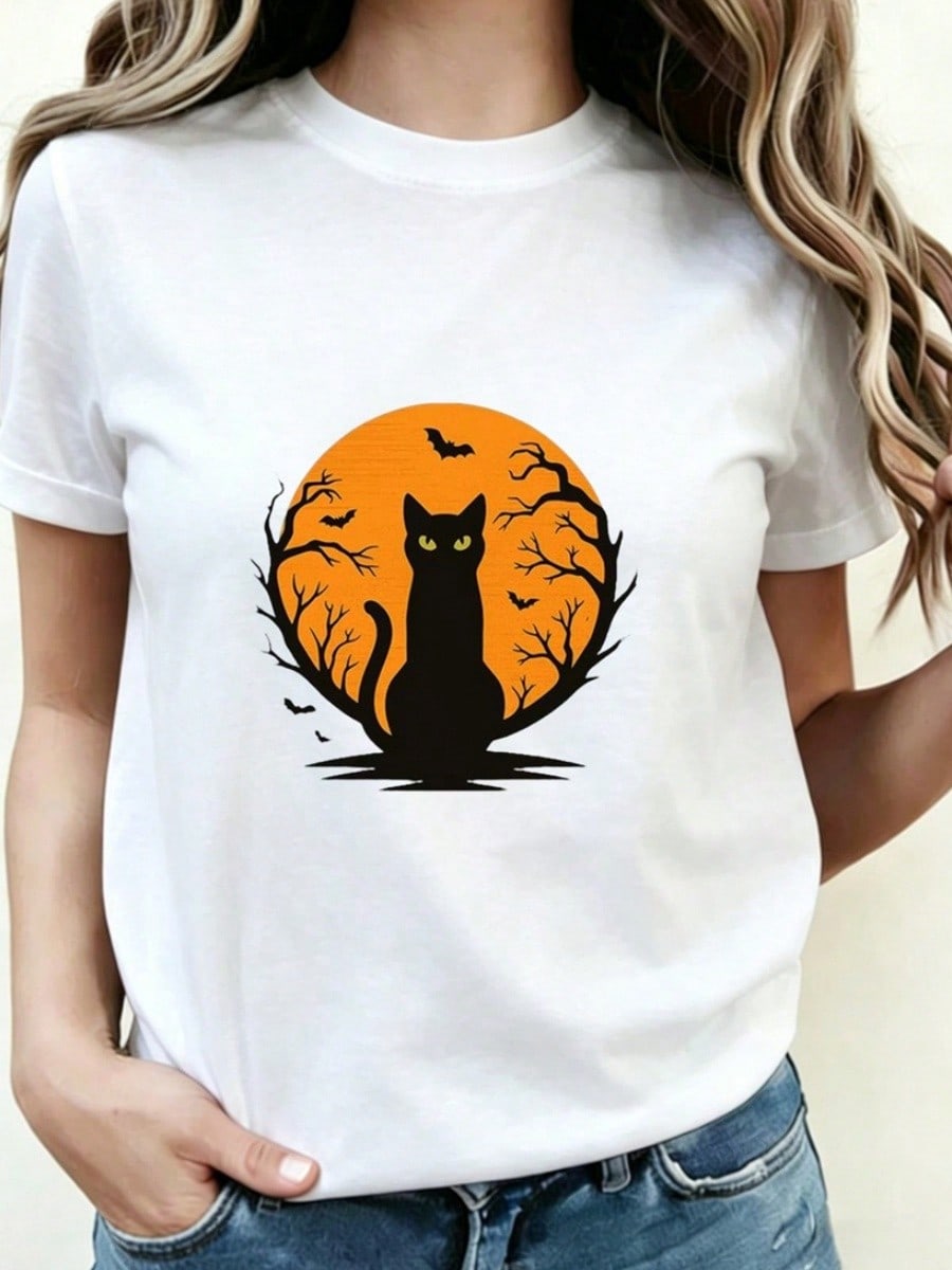 Halloween Black Cat Full Moon Bat Bare Tree Print Short Sleeve Crew Neck Top