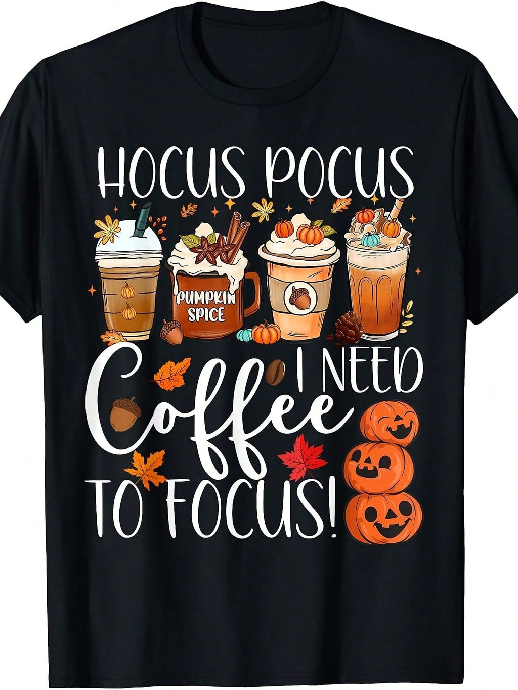 Cute I Need Coffee To Focus Fall Pumpkin Teacher TShirtRetro Casual Crew Neck Printed T-Shirt