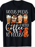 Cute I Need Coffee To Focus Fall Pumpkin Teacher TShirtRetro Casual Crew Neck Printed T-Shirt