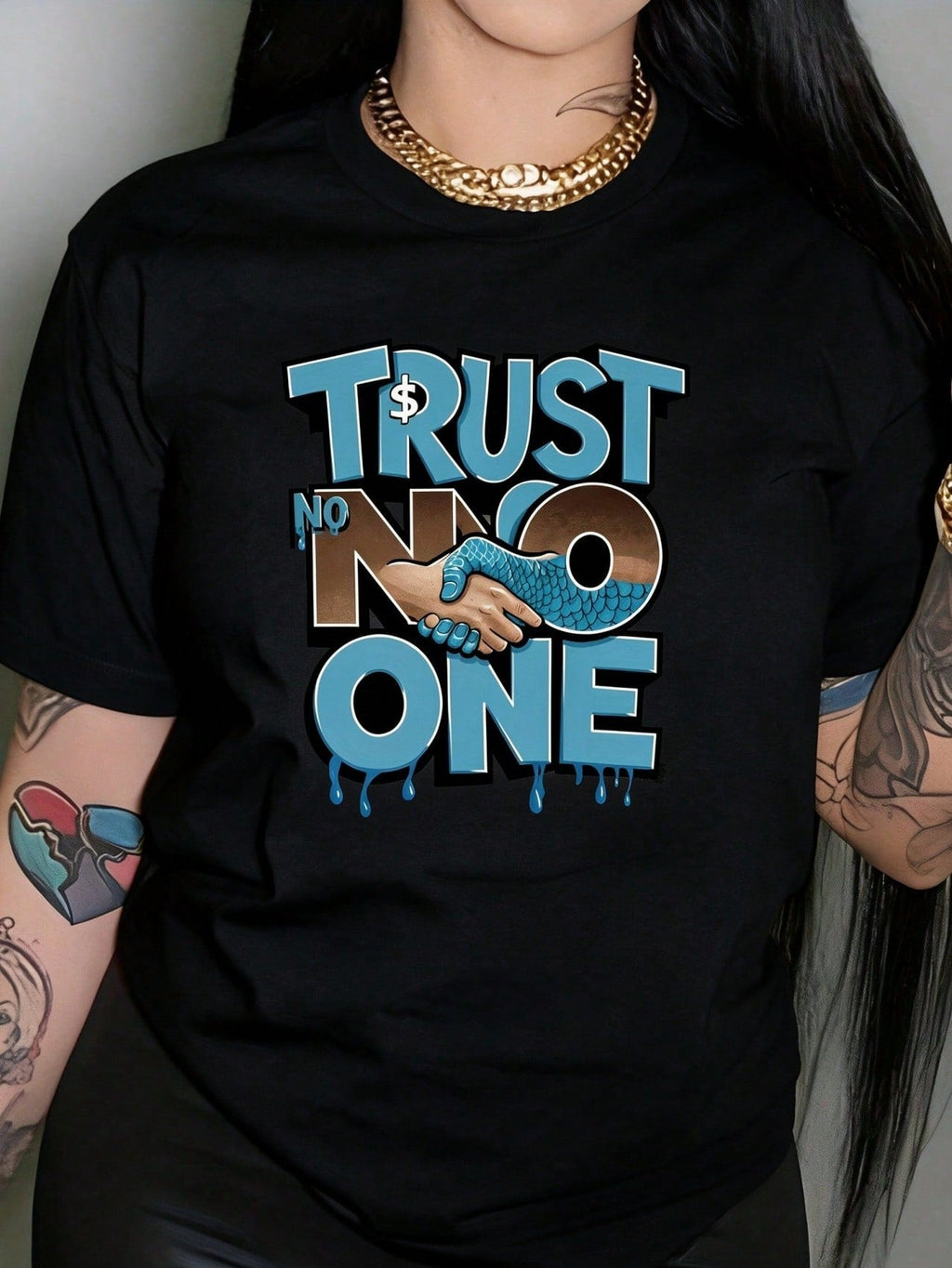 Trust No One Blue Brown Drip Letter Print Short Sleeve Tee Vintage Street Top