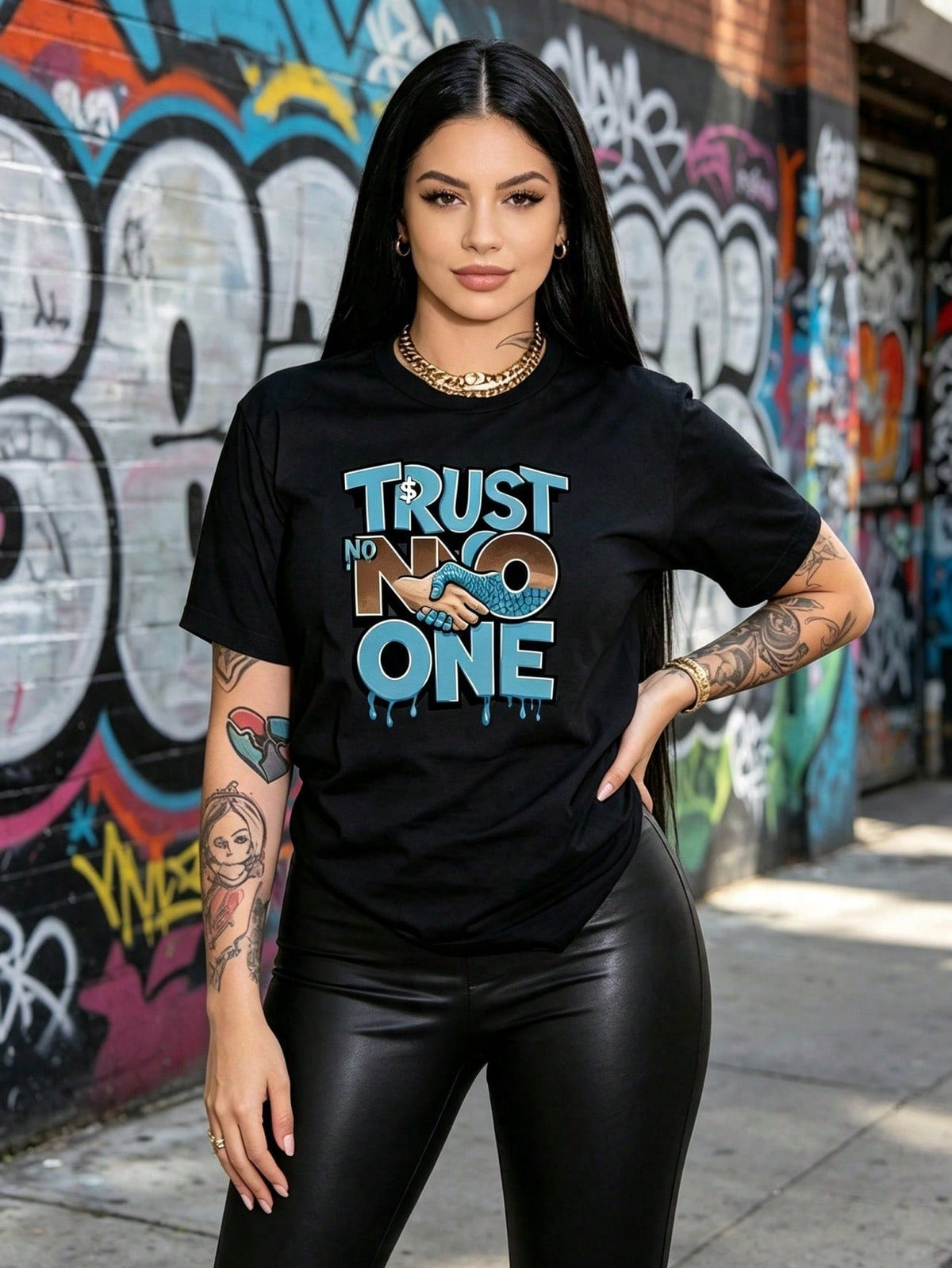 Trust No One Blue Brown Drip Letter Print Short Sleeve Tee Vintage Street Top