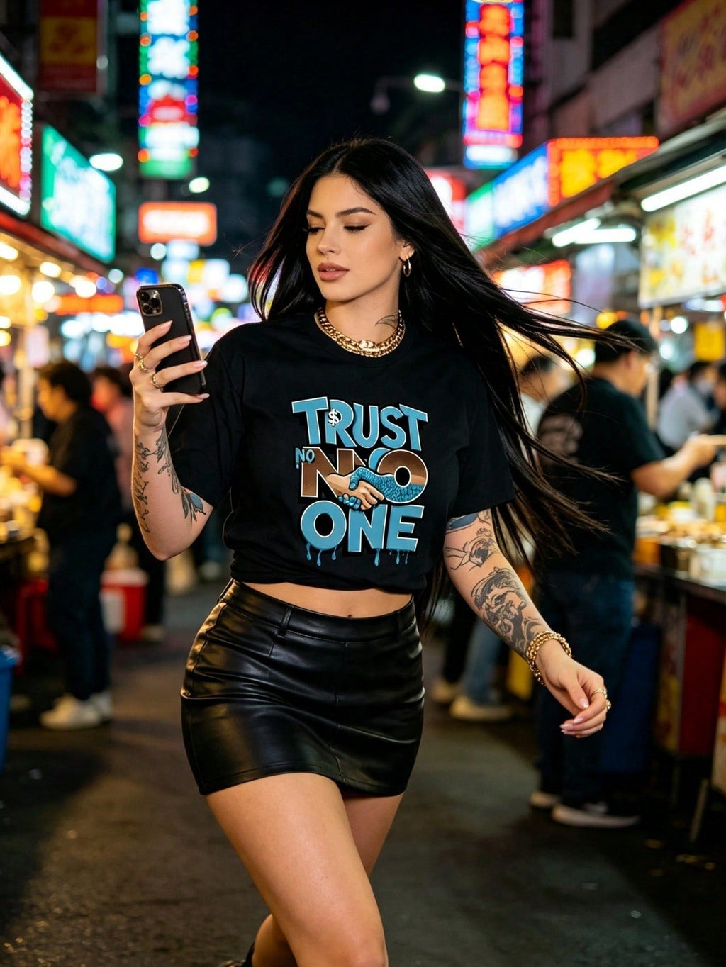 Trust No One Blue Brown Drip Letter Print Short Sleeve Tee Vintage Street Top