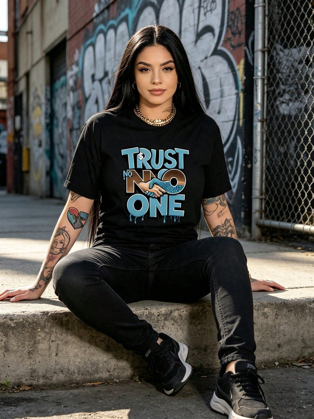 Trust No One Blue Brown Drip Letter Print Short Sleeve Tee Vintage Street Top