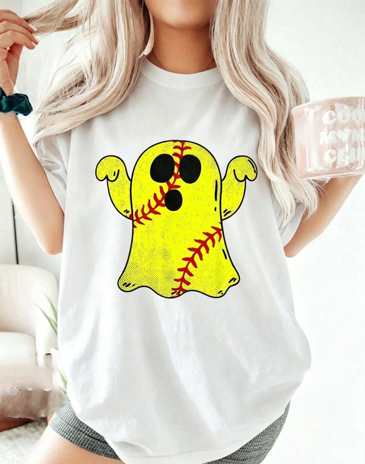 Softball Ghost Print Cotton Short Sleeve Tee Halloween Softball Lover Top