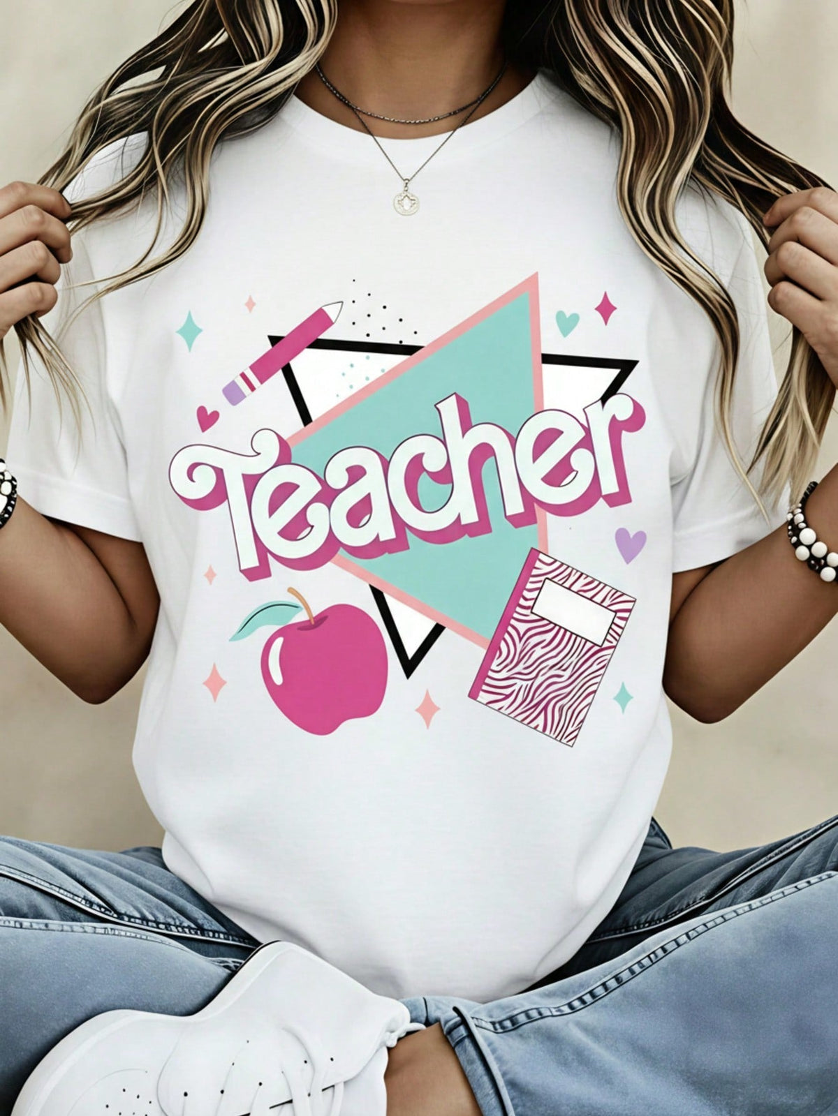 Teacher Apple Notebook Print Cotton Short Sleeve Tee Back To School Casual Top