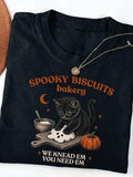 Cat Cookie Print Tee Halloween Vintage Baked Pumpkin Black Cat Crew Neck Top
