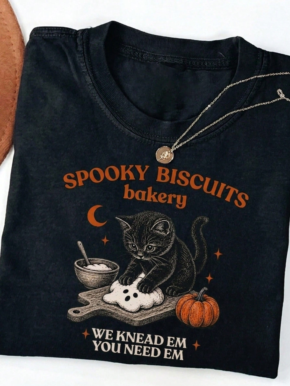 Cat Cookie Print Tee Halloween Vintage Baked Pumpkin Black Cat Crew Neck Top