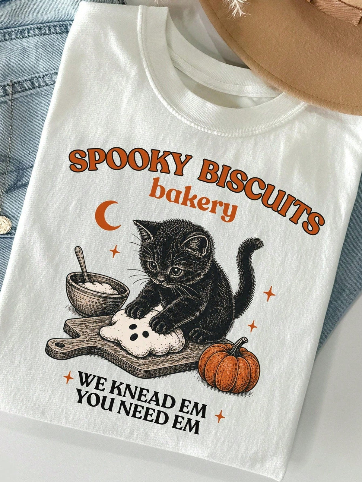Cat Cookie Print Tee Halloween Vintage Baked Pumpkin Black Cat Crew Neck Top