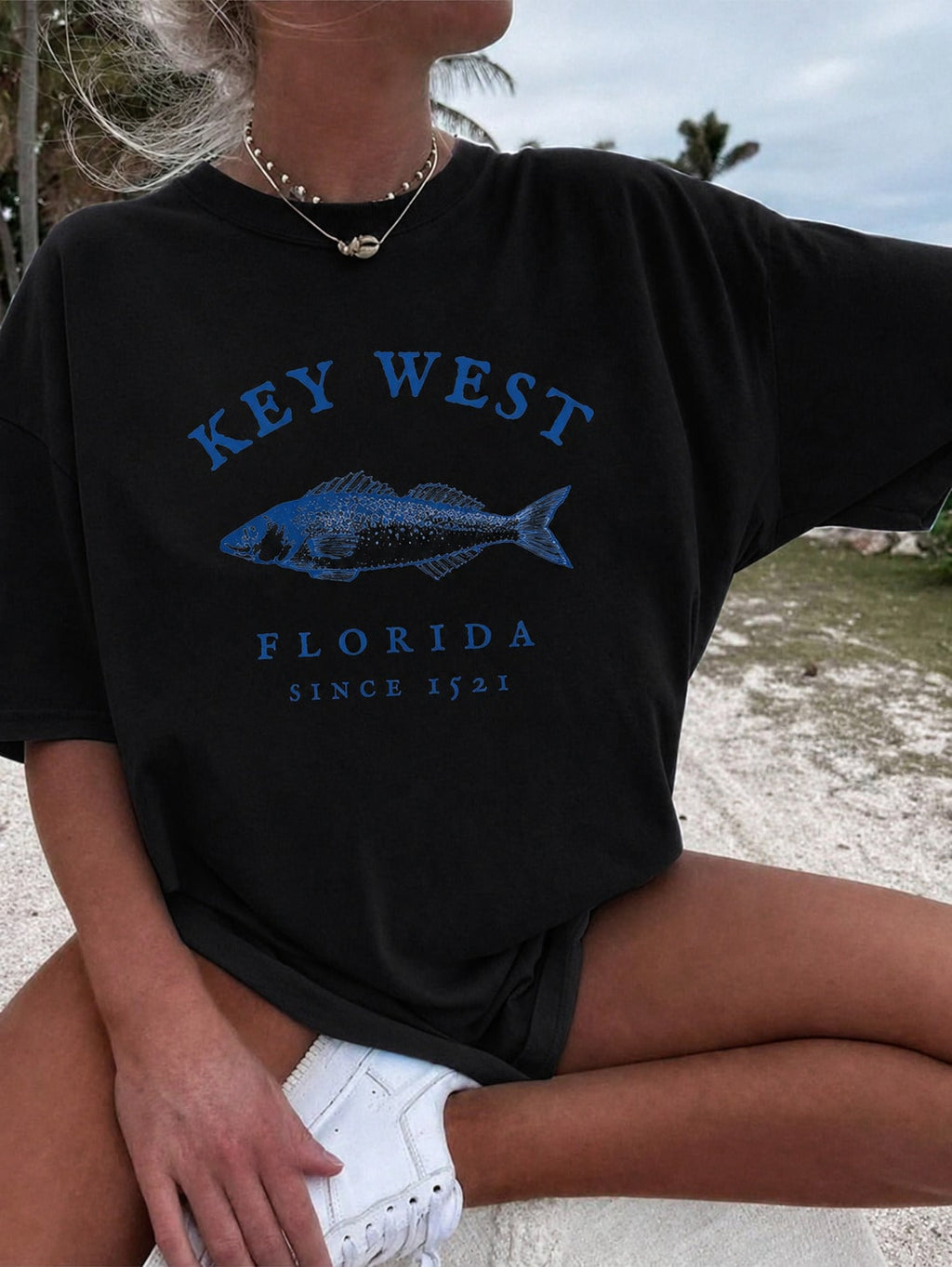 Women's Casual T-Shirt With Retro Fishing Print Pattern, Summer 100% Cotton Fish Print Round Neck Shorts