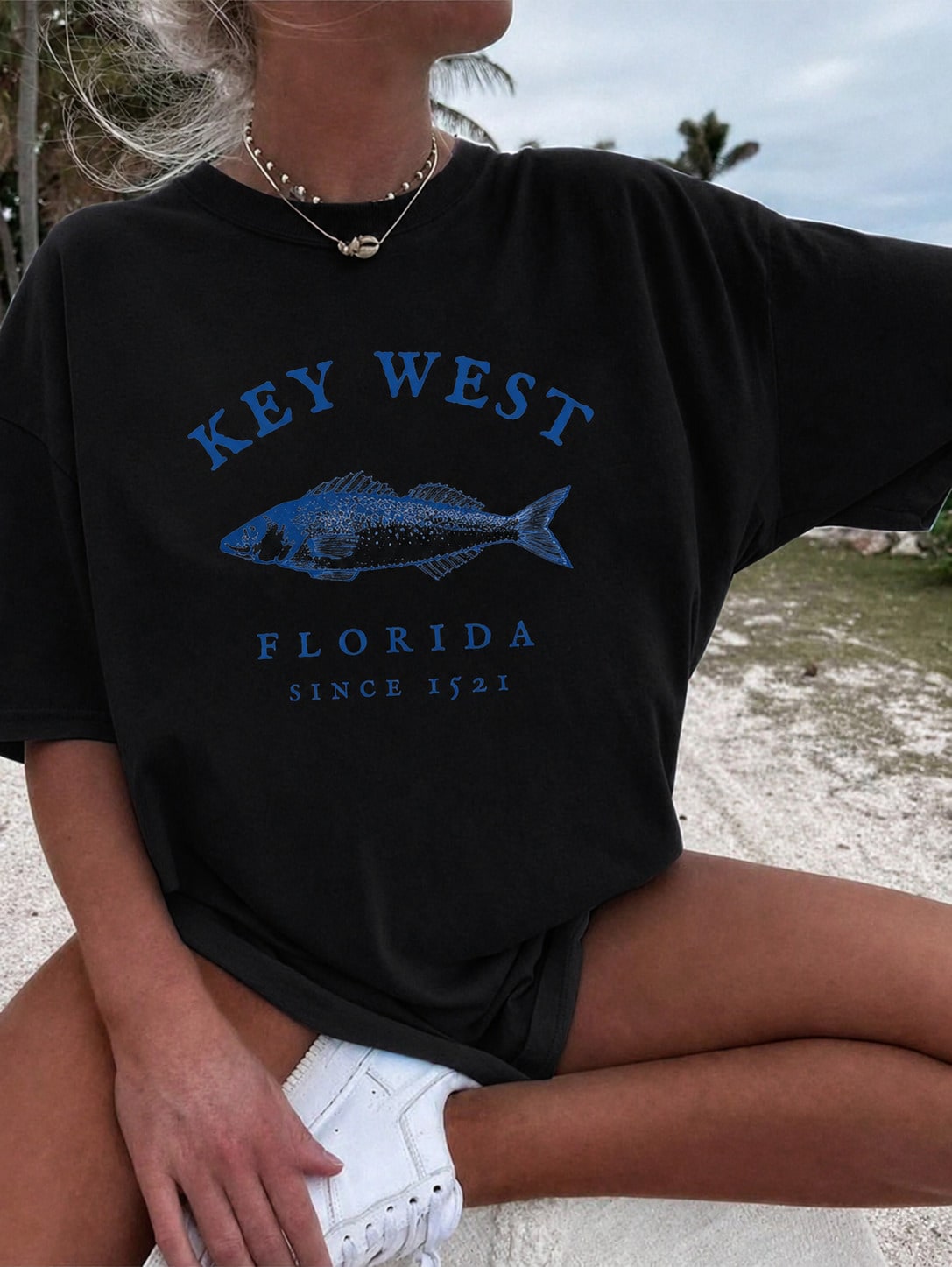 Women's Casual T-Shirt With Retro Fishing Print Pattern, Summer 100% Cotton Fish Print Round Neck Shorts