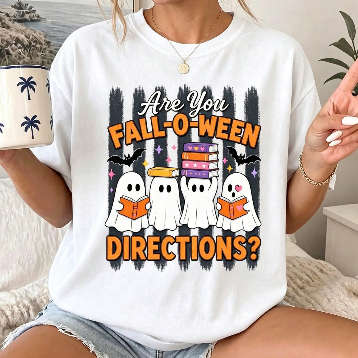 Are You Fall-O-Ween Directions Book Ghost Bat Graphic Crew Neck T Shirt, College Style Top, Fall Women Clothes For Halloween Casual Outfit